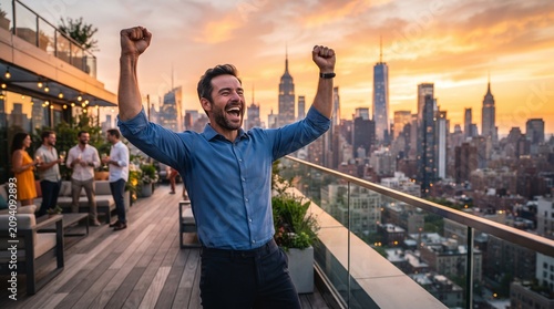 A man cheering with arms raised on a rooftop with a cityscape at sunset