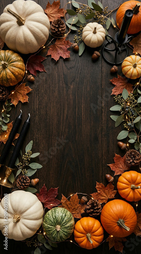 Halloween Flat Lay Background with Orange Pumpkins and Cozy Autumn Mood