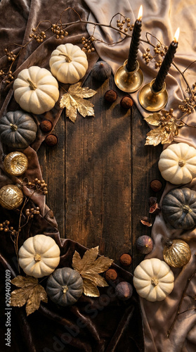 Halloween Flat Lay Background with Orange Pumpkins and Cozy Autumn Mood