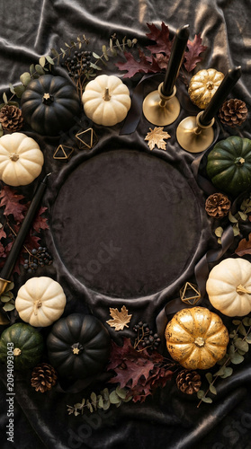 Halloween Flat Lay Background with Orange Pumpkins and Cozy Autumn Mood