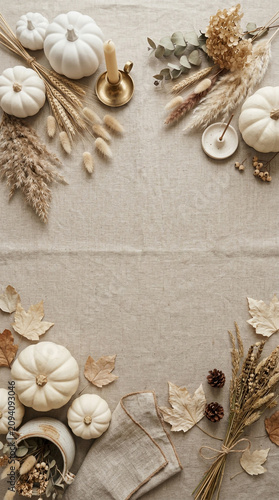 neutral Halloween flat lay background featuring white pumpkins, beige leaves and autumn decorations arranged around a clean central copy space.