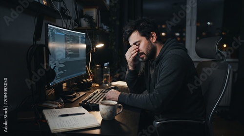 A tired programmer working late at night at his desk, illuminated by the computer screen. He rubs his eyes in exhaustion, with a mug of coffee beside him and a window showing a dark cityscape
