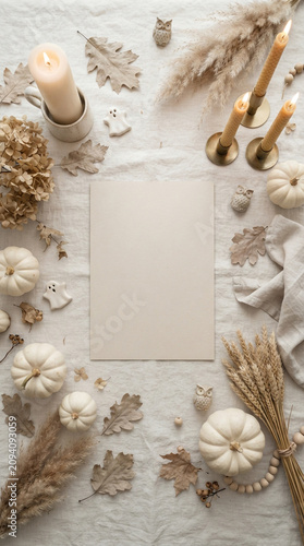 neutral Halloween flat lay background featuring white pumpkins, beige leaves and autumn decorations arranged around a clean central copy space.