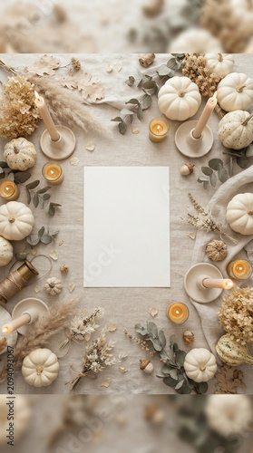 neutral Halloween flat lay background featuring white pumpkins, beige leaves and autumn decorations arranged around a clean central copy space.