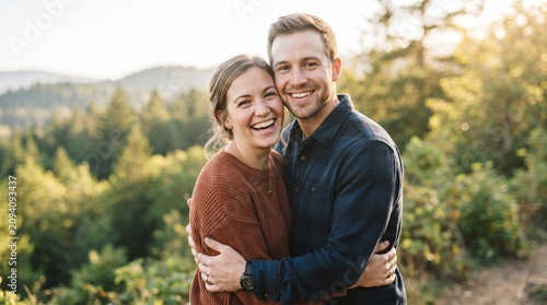 A happy couple embracing and smiling outdoors with a scenic landscape in the background. They appear to be deeply in love and enjoying a beautiful day