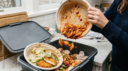 A person disposes of leftover pasta from a compostable bowl into a bin that already contains mashed potatoes and breaded chicken remains