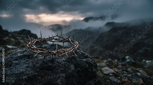 A crown of thorns rests ominously on a dark, rocky outcrop under a dramatic, cloudy sky. The backdrop features misty, rugged mountains, evoking a sense of solemnity and ancient hardship