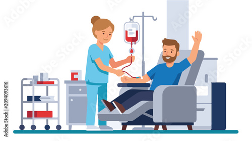 Obraz na płótnie Vector art of a man receiving a blood transfusion in a hospital, featuring medical care scene, patient treatment, healthcare concept, and clean illustration