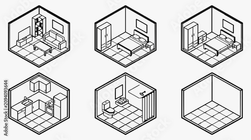 Foto Clean Minimalist Isometric Line Art Illustrations of Modern Bedrooms and Bathroo
