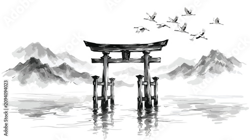 Konstfotografi Japanese Torii Gate, Cranes in Flight, Ink Wash Landscape, Serene Water Reflecti