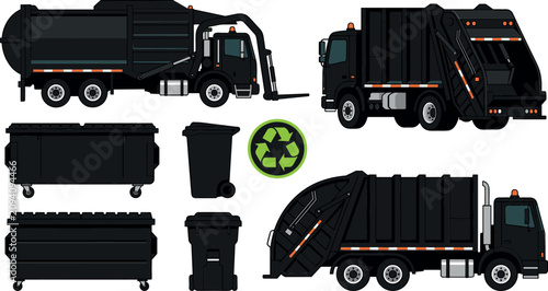 Fotografía Black garbage trucks and waste containers vector set with front loader rear load