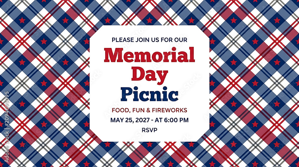 Fototapeta premium Memorial day picnic invitation card with red and blue plaid background