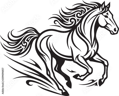 Tablou pe pânză Black and white vector horse running with flowing mane and tail