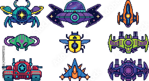 Cuadro en lienzo Pixel art spaceship icons set with retro retro arcade style spaceships alien air