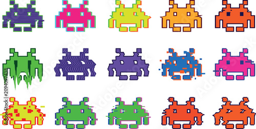 Foto Retro pixel art space invaders vector set with glitch effects chromatic aberrati