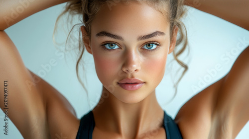 This is a close-up portrait shot of a young woman with light tied-up hair, bright blue eyes, and a neutral focused expression. She wears a black athletic tank top, with her arms raised behind her head