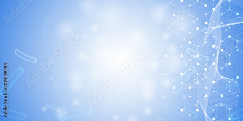 Tableau sur toile Molecular structure background with hexagonal chemical links and floating microorganisms on blue surface