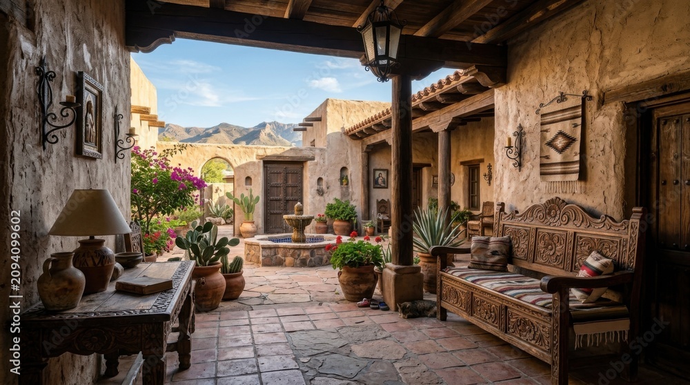 Fototapeta premium Exquisite open air courtyard terrace inside a rustic luxury country estate hotel with stone masonry walls architecture