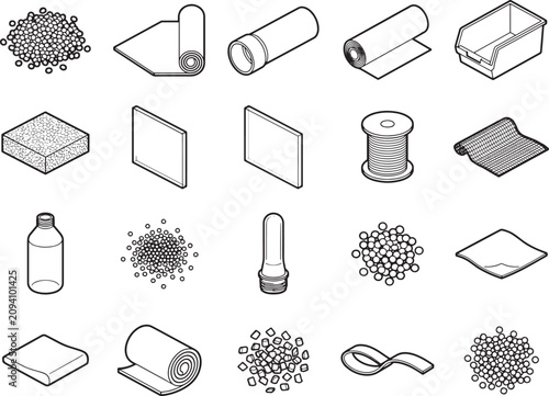 A collection of industrial raw material icons, including pellets, rolls of material, bottles, and a storage bin, presented in a clean isometric graphic style.