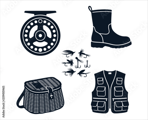 Canvastavla Fly Fishing Gear and Equipment Vector Silhouette Set