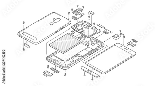 Isometric exploded view diagram of a smartphone showing internal components. EPS Editable. Vector Illustrations.