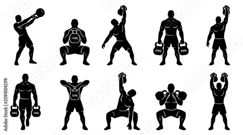 Obraz na płótnie Kettlebell workout silhouettes in various exercises against a white background v