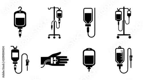 Fotografía Medical IV drip bags and infusion set icons in vector silhouette against a white
