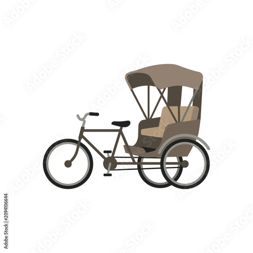Brown bicycle rickshaw transport vehicle isolated on plain white background.