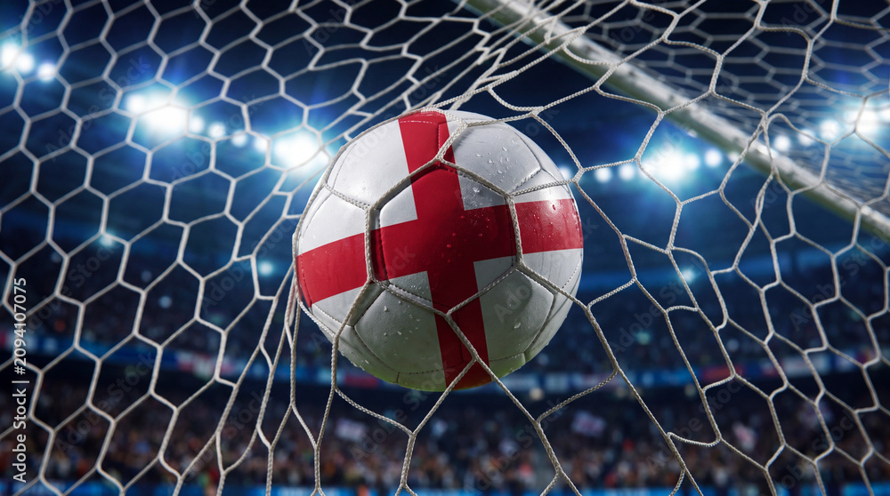 Naklejka premium Soccer ball featuring the England flag design in the goal net at a stadium.