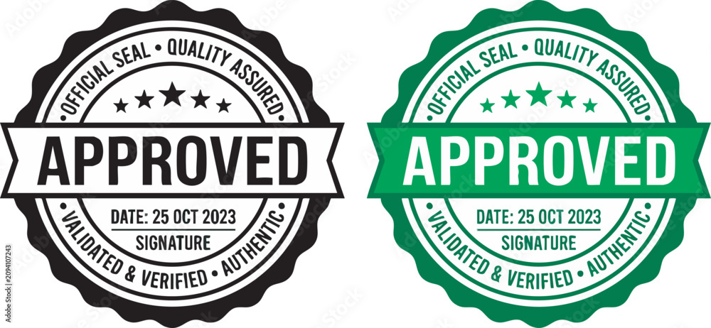 Obraz premium Two flat vector graphic badges featuring approved quality seals with stars and professional text layouts