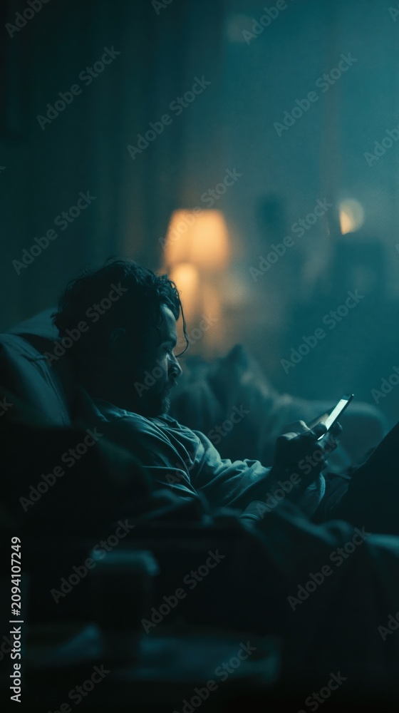 Obraz premium A Contemplative Evening: A Young Man Engrossed in His Phone in a Dimly Lit Room