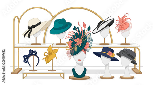 Collection of elegant fashion hats displayed on mannequin heads in a boutique store. EPS Editable. Vector Illustrations.