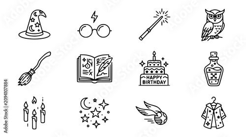 Foto Magic Icons Set: Wizard Hat, Glasses, Wand, Owl, Broomstick, Book, Cake, Potion,