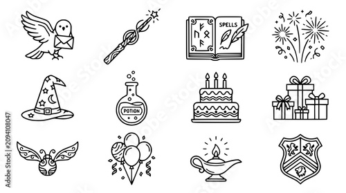 Obraz na plátně Magic Fantasy Symbols: Owl, Wand, Spells Book, Hat, Potion, Cake, Gifts, Snitch,