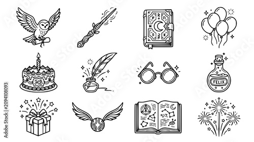 Obraz na plátně Magic School Icons: Owl, Wand, Book, Cake, Potion, Glasses, Gift, Snitch