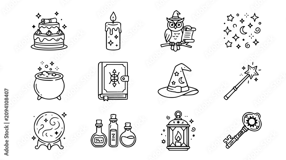 Fototapeta premium Magical Icons Set: Witchcraft, Spells, Fantasy, Celebration, Mystery, Enchantment, Alchemy