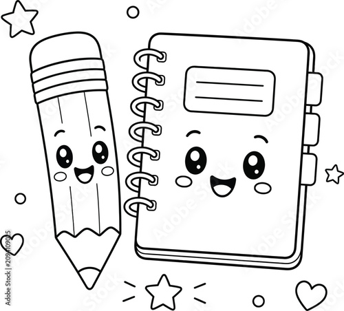 Kawaii school supplies coloring book page pencil and notebook outline
