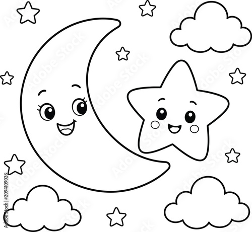 Cute moon and star coloring book page for kids