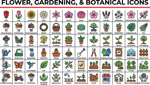 Foto Flower gardening and botanical icon collection with blooming plants farming tool