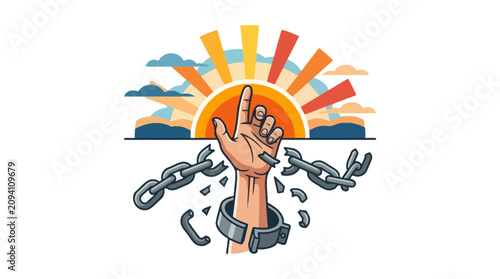 Hand breaking metal chains reaching towards the rising sun. EPS Editable. Vector Illustrations.