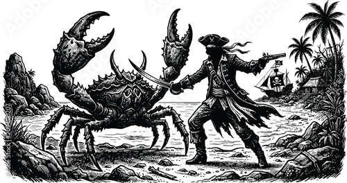Cuadro en lienzo Vintage Woodcut Style Pirate Fighting Giant Sea Crab on Tropical Beach Island wi