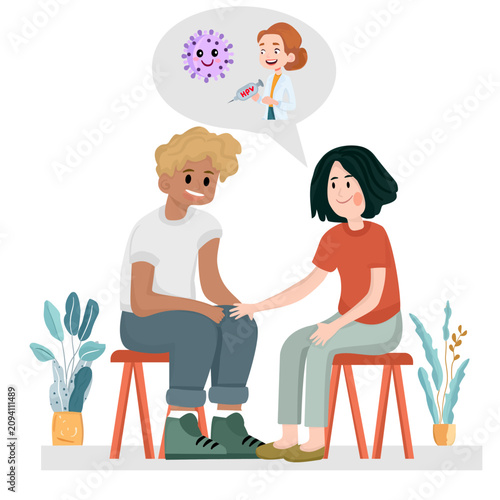 Young couple talking and planning to get HPV vaccine together. Human papillomavirus immunization recommendation, healthcare support, and partners wellness flat vector illustration.