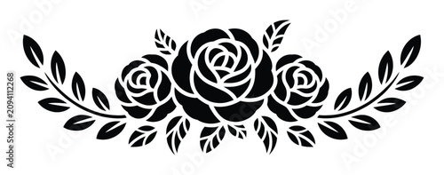 Cuadro en lienzo 結婚招待状や芸術プロジェクト向けの装飾的な葉と枝を持つ白黒花柄バラシルエット