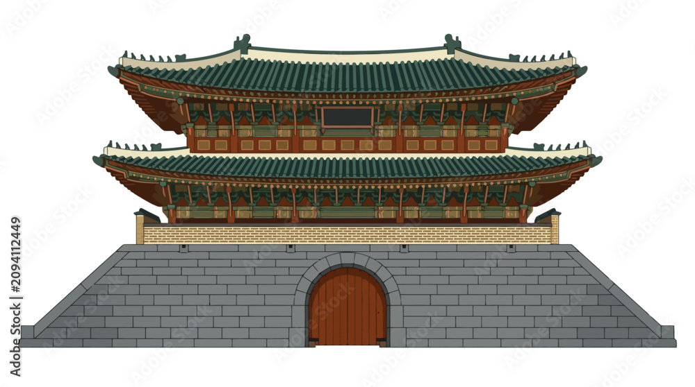 Fototapeta premium Traditional Korean Palace Gate Architecture Illustration Isolated on White Background. EPS Editable. Vector Illustrations.