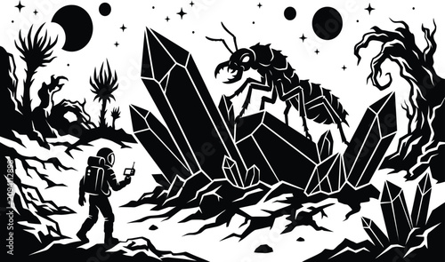 Cuadro en lienzo Black and White Vector Illustration of an Astronaut Encountering a Giant Alien M