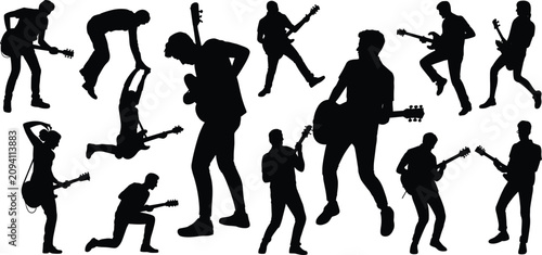 Cuadro en lienzo Collection of black silhouettes of men playing electric guitars in various dynam