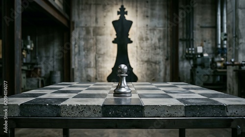 Chess pawn stands on a concrete checkerboard table with a large king silhouette in the background.
