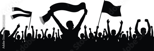 Silhouette crowd cheering with flags and scarf on white background people celebration