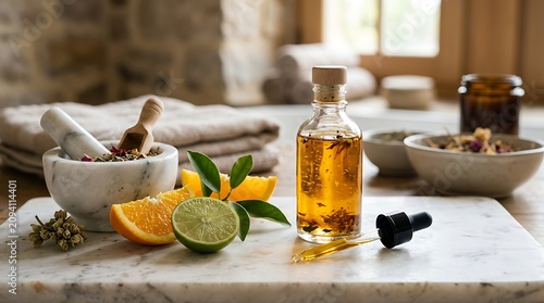 Essential oil bottle sits on a marble surface alongside citrus fruits and a mortar for wellness.