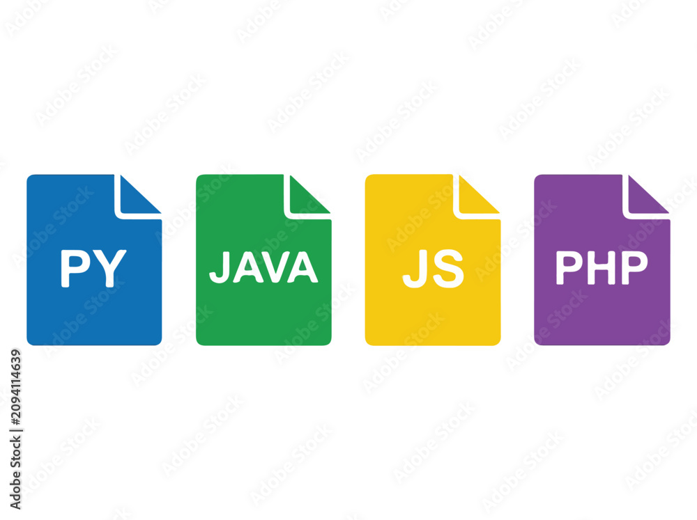 Fototapeta premium Colorful programming language file icons for coding and development